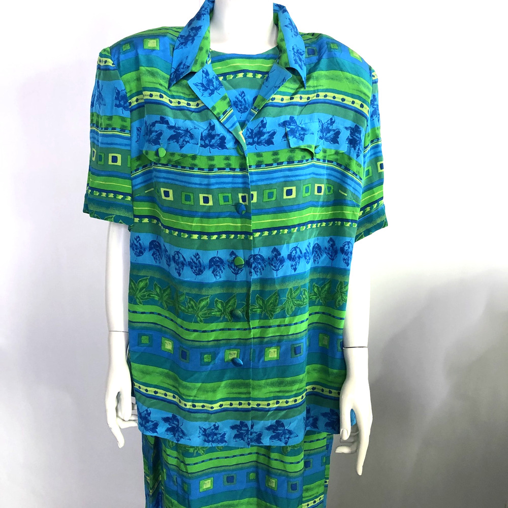Spenser Jeremy VINTAGE 100% Silk 2 Pc Maxi Button Shirt Dress Green Blue MINT